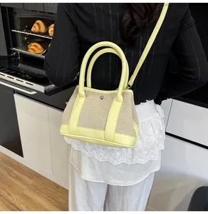 Canvas leather contrast color handbag stylish casual shoulder crossbody tote bag for women