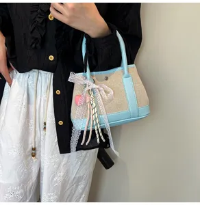 Canvas contrast color handbag detail view, elegant lace bow and charm for daily fashion use.