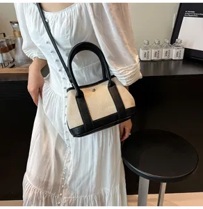 Stylish canvas crossbody bag for women, contrast color top handle tote bag with shoulder strap.