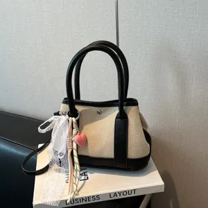 Color-blocked Canvas Crossbody Tote Bag Fashion Handbag with Lace Ribbon and Heart Charm