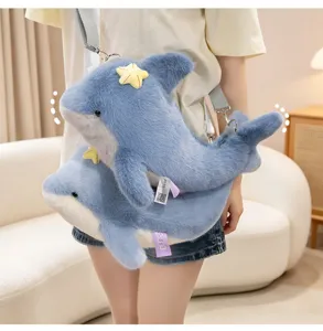 Cute dolphin plush shoulder bag for girls, soft cartoon stuffed animal cross-body bag daily.