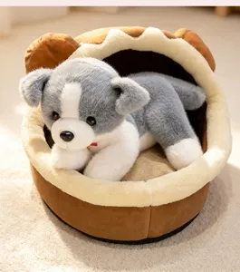 Soft plush puppy toy inside cozy brown pet bed detail view, cute animal doll design