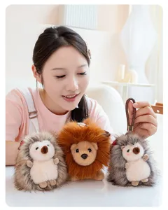 Cute plush animal keychain, fluffy hedgehog and lion bag charm, soft toy ornament.
