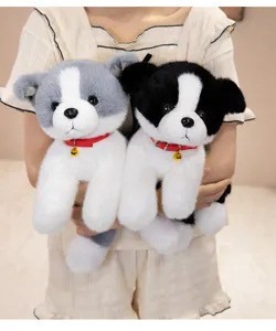 Close-up detail of cute simulation puppy plush toy, soft stuffed animal held in hands.