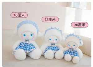 Cute dressed princess little lamb plush toy set with blue checkered dress, detail view.