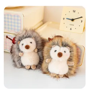 Cute fluffy hedgehog plush keychain detail shot, soft toy bag charm pendant ornament for keys.