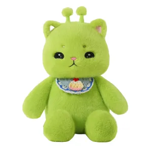 Peluche gatto verde giocattolo simpatico animale morbido bambola aliena con bavaglino per bambini