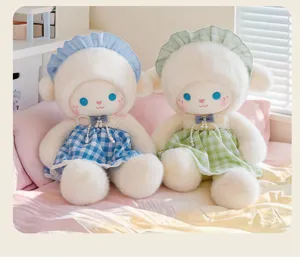 Cute plush sheep toy with sweet princess dress and bonnet, soft hugging companion for kids.