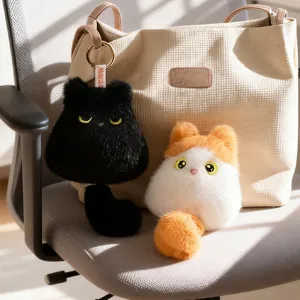 Cute plush cat doll bag pendant fluffy decompression toy with tail key chain decoration.