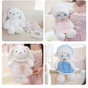 Cute plush rabbit and sheep toy set with sweet princess dresses and accessories for kids.