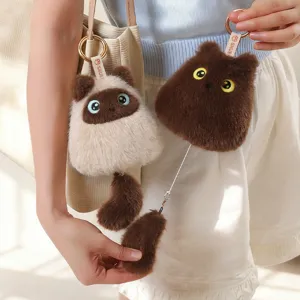 Cute fluffy cat plush keychain pendant soft stuffed animal bag charm with tail decor for women