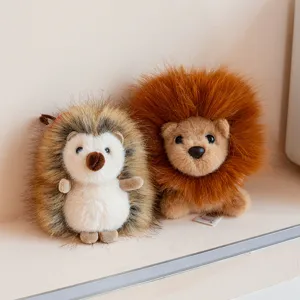 Cute simulation plush hedgehog and lion doll pendant keychain, soft stuffed animal bag charm.