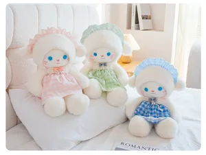 Cute plush lamb toy with grid dress, soft stuffed animal doll for kids companion and bedroom decor.