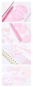 Detalle del set de papetería rosa con cuaderno, bonito lazo decorativo y bolígrafo.