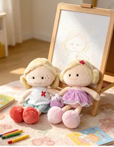 Cute plush rag doll detail showing soft fabric, cute embroidered face, and cozy kids room setting.