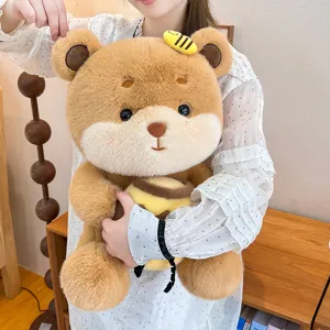 Cute bee teddy bear plush toy hugging a honey pot, soft stuffed doll gift for kids.