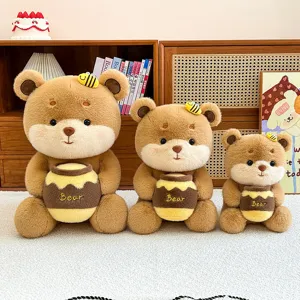 Cute bee bear plush toy holding a honey pot, soft stuffed animal doll for kids gift