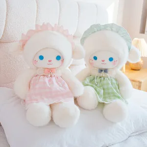 Cute Princess Dress Plush Sheep Rabbit Stuffed Animal Toy Sweet Plaid Dress Lace Hat Pearl Necklace Soft Hugging Companion Kids Gift