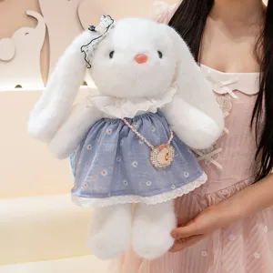 Cute plush rabbit toy with blue floral dress, soft stuffed doll for kids and gift companionship