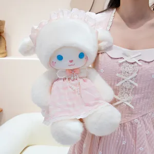 Cute plush lamb toy with pink dress and bonnet, sweet stuffed animal doll for kids gift.