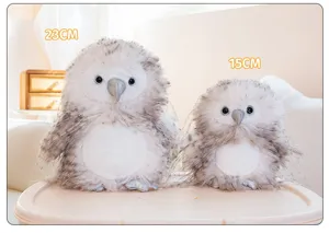Detailed view of fluffy simulation owl plush toys in two sizes 23cm and 15cm for home decor.