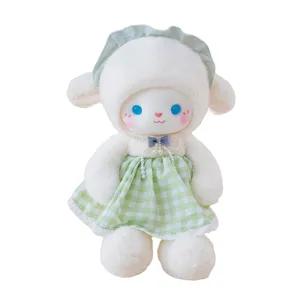 Cute sheep plush toy with green plaid dress, sweet stuffed animal doll for kids gift