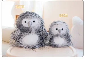 Detailed view of fluffy simulation owl plush toys in 23cm and 15cm sizes, cute and soft.