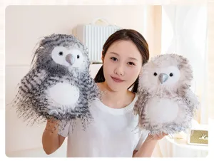 Fluffy simulation owl plush toy detail shot, soft long hair animal doll ornament for gift.