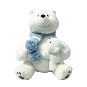 Niedliches Eisbär Mutter und Kind Plüschtier mit blauem Strickschal, weiche Kuscheltier Puppe.