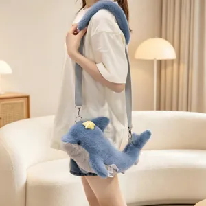 Cute plush dolphin crossbody bag for girls, soft stuffed animal shoulder bag with starfish.