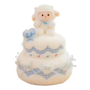 Adorable peluche gâteau d'anniversaire à deux étages avec agneau doux et jolis nœuds.