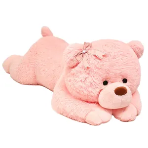 Oso de peluche rosa grande tumbado lindo lazo animal de peluche regalo para dormir niñas.