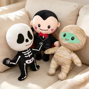 Halloween pluche speelgoedset met schattige skelet vampier en mummie knuffels voor feestdecoratie.