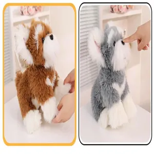 Detail view of the cute fluffy schnauzer plush toy with soft grey and brown variants.