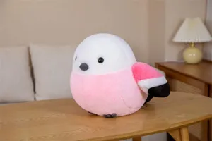 Cute round bird plush toy detail view, soft and fluffy fabric, cozy desktop scene display.