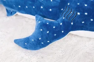 Cute whale shark plush toy detail view, soft stuffed animal pillow for kids birthday gift.