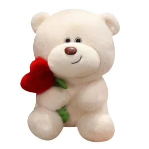 Lindo oso de peluche blanco sosteniendo un corazón rojo, regalo suave para la novia