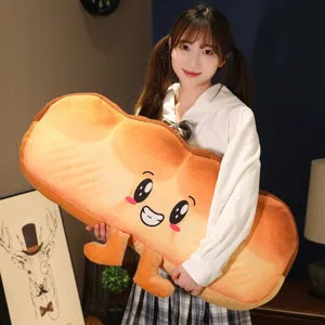 Cute toast bread plush pillow with face and legs for bedroom sleeping and bed resting comfort.