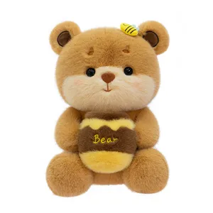 Cute honey bee teddy bear plush toy holding a sweet pot, soft stuffed doll gift for kids.
