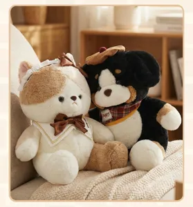 Cute plush toy set featuring a kitten and puppy in adorable outfits, soft hugging doll detail view.