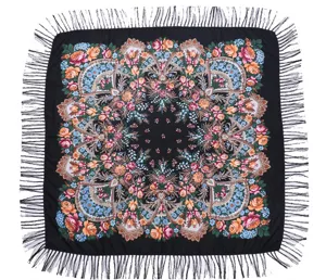 Ethnic floral square scarf shawl with tassel fringe, traditional vintage style cape wrap for women.