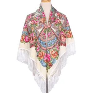 Traditional floral print square shawl with white fringe ethnic style women scarf wrap