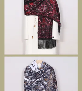 Bohemian paisley print women's scarf detail, elegant tassel design, versatile spring accessory.