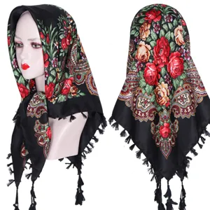 Ethnic Style Floral Printed Tassel Square Scarf Women Retro Dustproof Headwrap Fashion Versatile Head Scarf Shawl