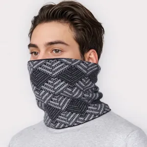 Winter fleece-lined knitted neck warmer for men, black gray geometric pattern detail view.