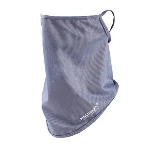 Detail view of breathable mesh sun protection face mask with ear loops in soft grey color.