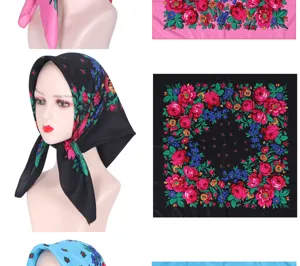 Retro floral print square headscarf for women, ethnic style cotton hair wrap and scarf detail.