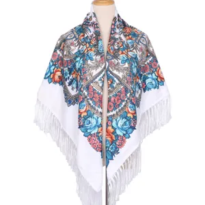Women Ethnic Vintage Floral Print Large Square Scarf Tassel Fringe Shawl Warm Polyester Fashion Wrap