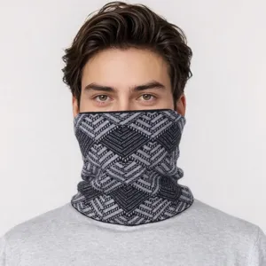 Winter fleece-lined knit neck gaiter for men, geometric pattern thermal scarf detail view.