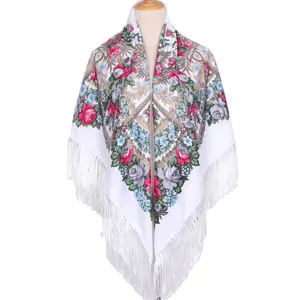 White floral fringe square scarf, traditional ethnic style shawl wrap for women and travel.
